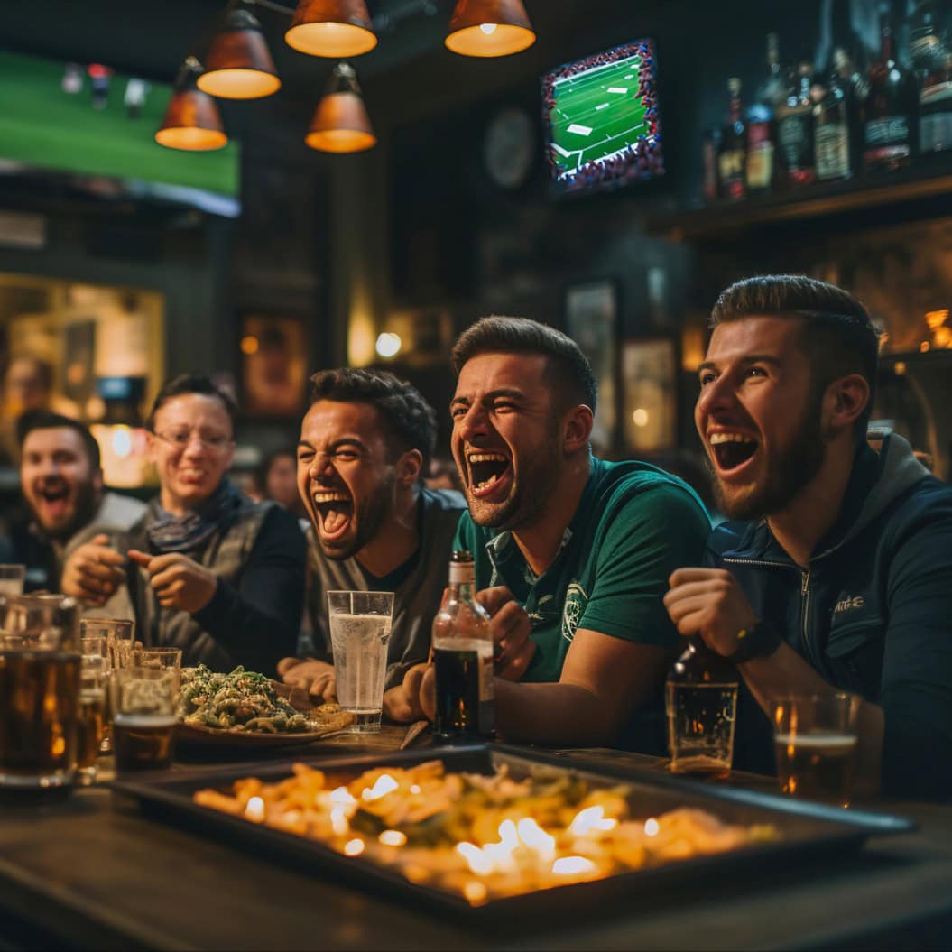 Eine Gruppe von Freunden sitzt an einem Tisch in einer Bar und sieht sich Fußball auf einem großen Bildschirm an.