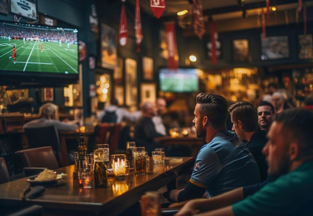 Eine Gruppe von Freunden sitzt an einem Tisch in einer Bar und sieht sich Fußball auf einem großen Bildschirm an.